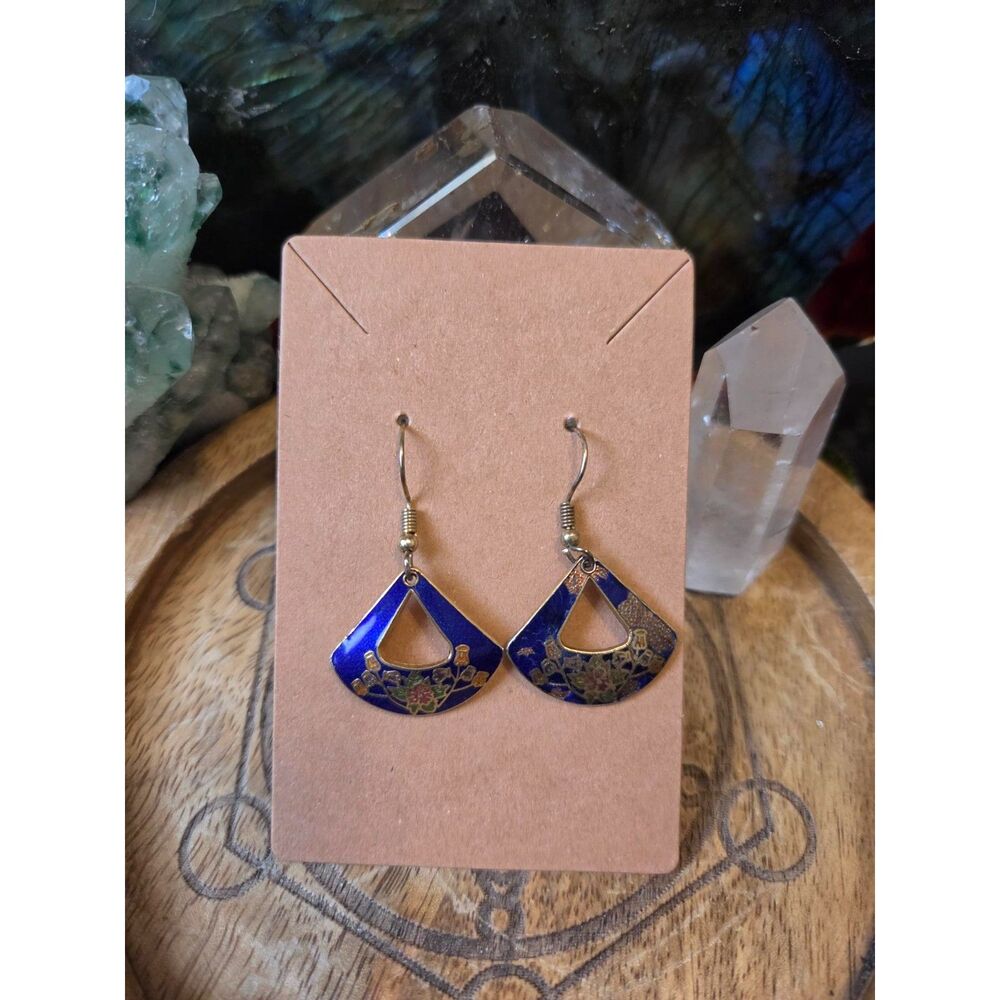 Vintage Cloisonné Blue Floral Dangle Earrings